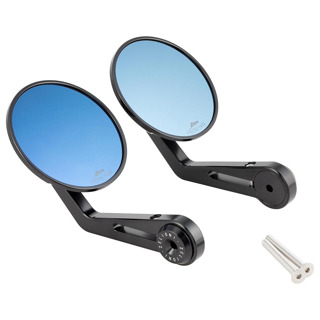 Lenkerendenspiegel ZELIONI  rechts und links, rund, Ø 95 mm,  schwarz eloxiert, Aluminium  für Vespa ET/LX/LXV/S/GTS/GTS Super/GTV/GT 60/GT/GT L  E-Prüfzeichen auf Glas, inkl. Montagematerial